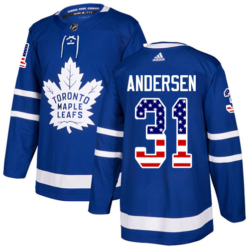 Adidas Maple Leafs #31 Frederik Andersen Blue Home Authentic USA Flag Stitched NHL Jersey - Click Image to Close